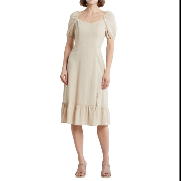 Ellen Tracy Sweetheart Neckline Balloon Sleeve Flounce Linen Midi Dress Sz Large - Picture 3 of 11